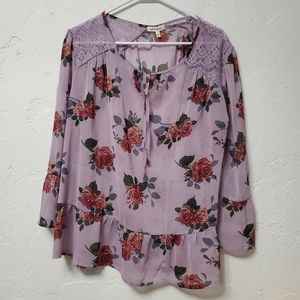 Self Esteem Women Purple Floral Top String Closure